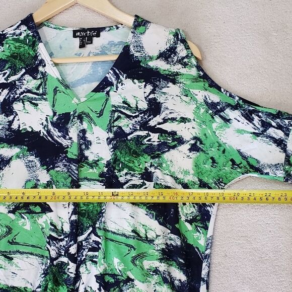 Marble Short Sleeve Oversized Cold Shoulder Green Blue Tunic Top Small XSmall - Picture 7 of 12